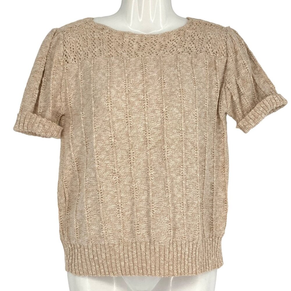 Vintage Short Sleeve Sweater Medium Beige Ribbed Granny Cottage Round Neck